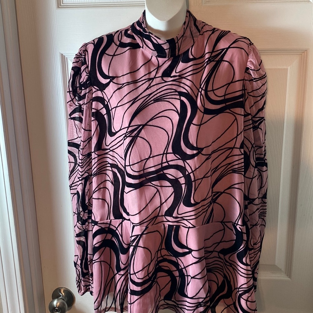 Ashley Stewart Rose Pink Black Blouse Zip Closure Ballon Sheer Sleeve Sz 22/24